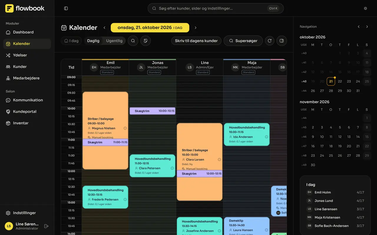 Flowbook – Kalender, skærmbillede med fiktive data