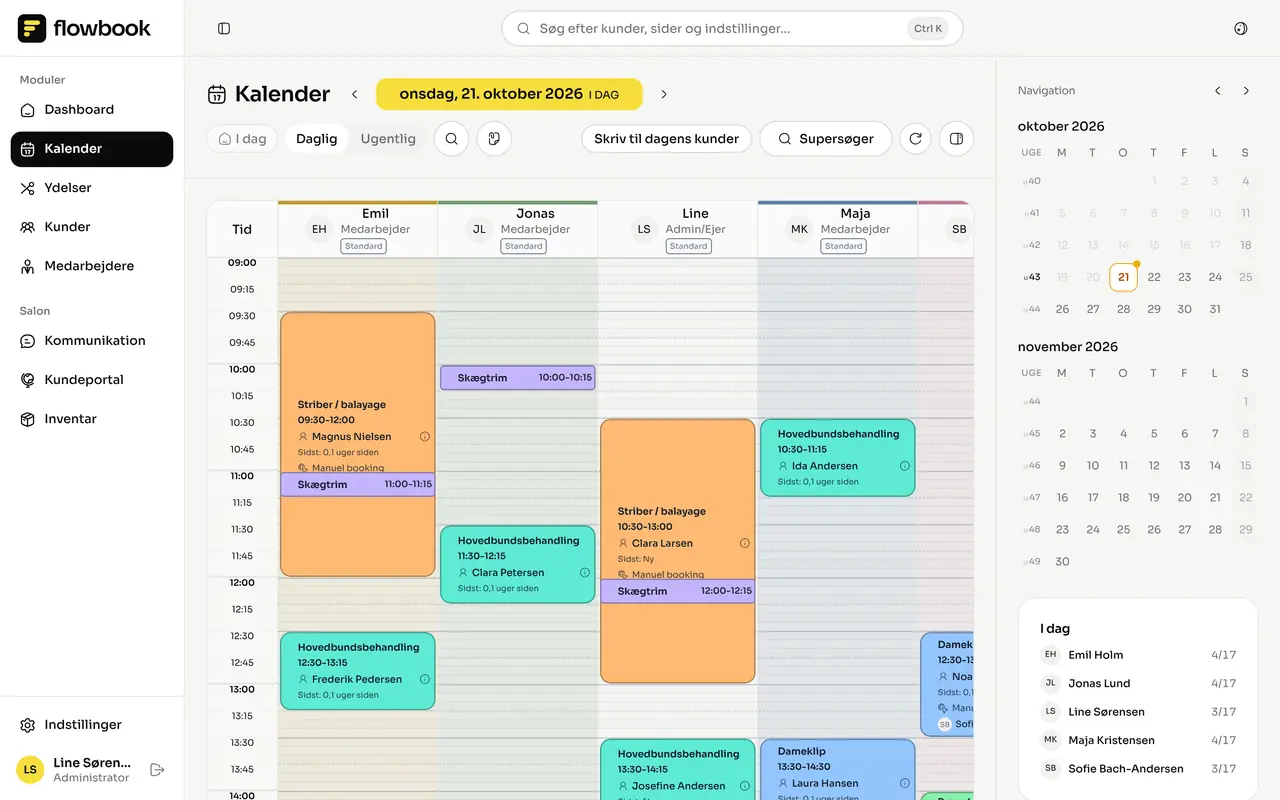 Flowbook – Kalender, skærmbillede med fiktive data