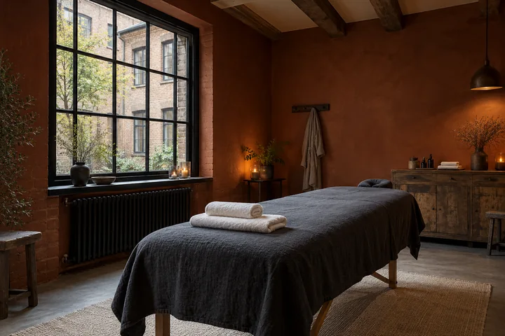 Massageklinik med klargjort briks, murværk og varme terrakottavægge