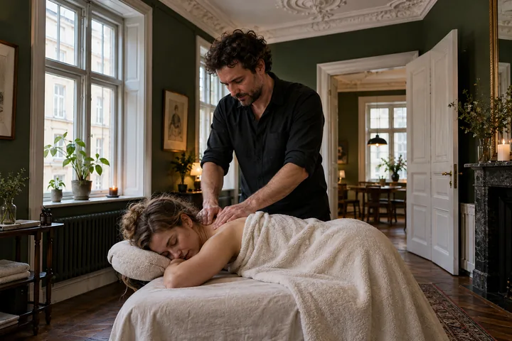 Massør giver en kunde massage i en klinik med grønne vægge