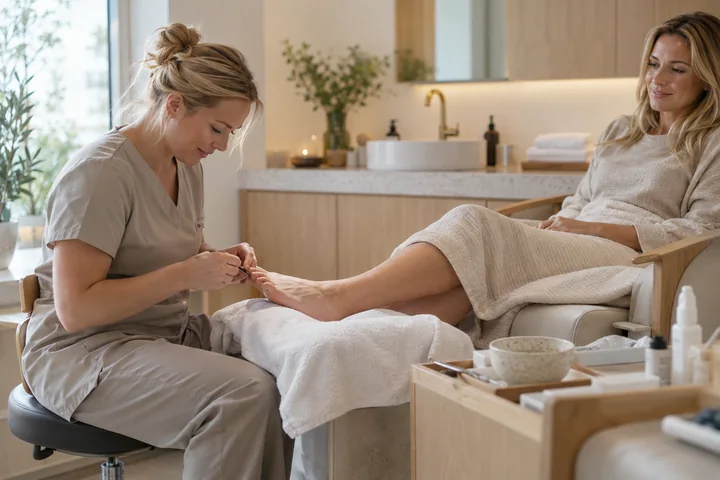 Behandler giver en kunde pedicure i en lys klinik