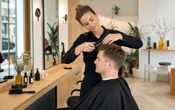 Frisør klipper en kunde i en lys salon